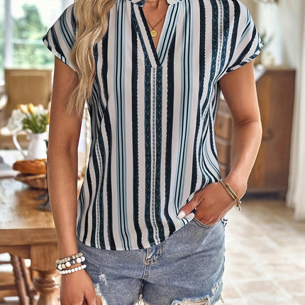 Striped V Neck Blouse, Casual Short Sleeve Top For Spring & Summer, Women's Clothing