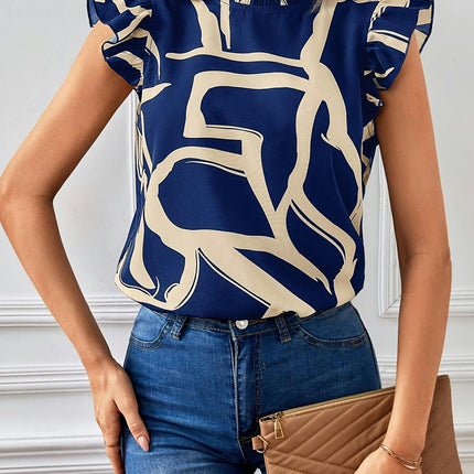 Graphic Print Mock Neck Blouse,Flutter Sleeve Blouse For Spring & Summer, Women's Clothing