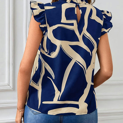 Graphic Print Mock Neck Blouse,Flutter Sleeve Blouse For Spring & Summer, Women's Clothing