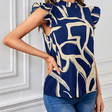 Graphic Print Mock Neck Blouse,Flutter Sleeve Blouse For Spring & Summer, Women's Clothing