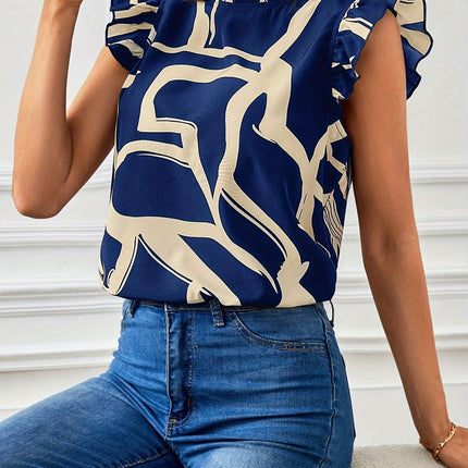 Graphic Print Mock Neck Blouse,Flutter Sleeve Blouse For Spring & Summer, Women's Clothing