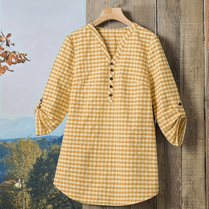 V-Neck 3/4 Sleeve Blouse for Women -Plaid Pattern with Button Details, All-Season Wear