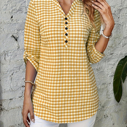 V-Neck 3/4 Sleeve Blouse for Women -Plaid Pattern with Button Details, All-Season Wear