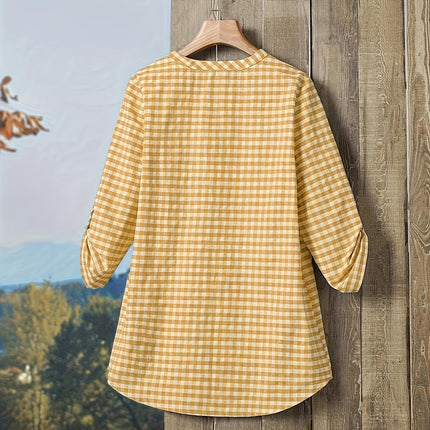 V-Neck 3/4 Sleeve Blouse for Women -Plaid Pattern with Button Details, All-Season Wear