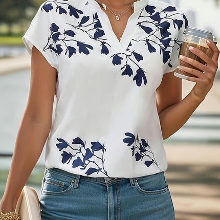 Floral Print V Neck Blouse, Elegant Short Sleeve Top For Spring & Summer, Women's Clothing