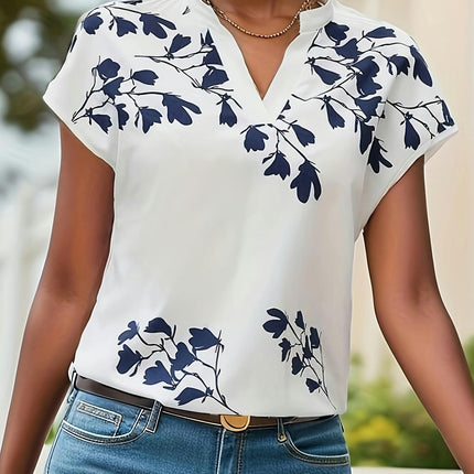 Floral Print V Neck Blouse, Elegant Short Sleeve Top For Spring & Summer, Women's Clothing