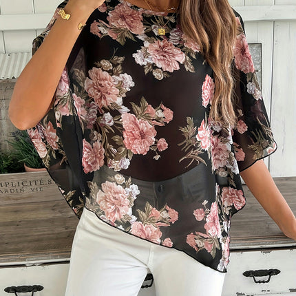 Women's Floral Print Blouse,Loose Fit Top for Spring & Fall, Asymmetrical Hem Design