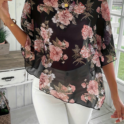 Women's Floral Print Blouse,Loose Fit Top for Spring & Fall, Asymmetrical Hem Design