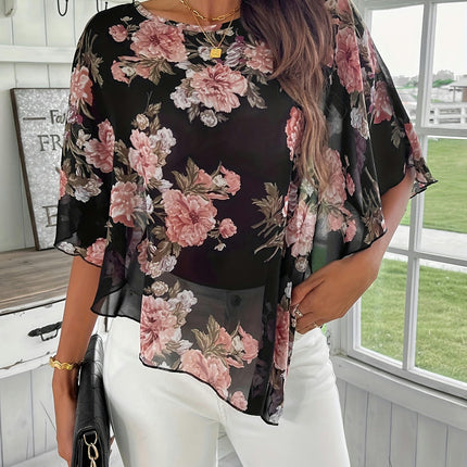 Women's Floral Print Blouse,Loose Fit Top for Spring & Fall, Asymmetrical Hem Design