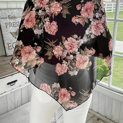 Women's Floral Print Blouse,Loose Fit Top for Spring & Fall, Asymmetrical Hem Design