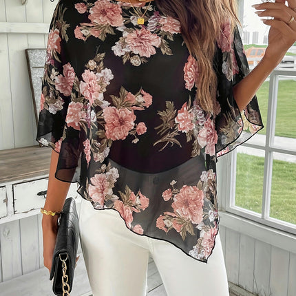 Women's Floral Print Blouse,Loose Fit Top for Spring & Fall, Asymmetrical Hem Design