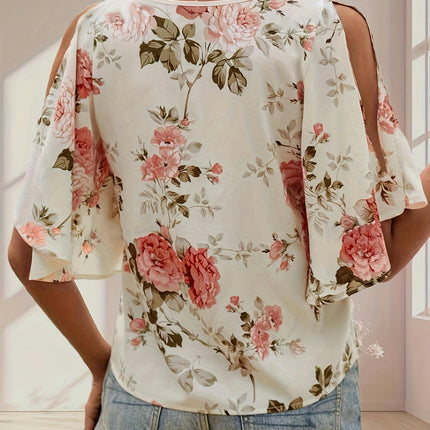 Flutter Sleeve Blouse Floral Print Cut Out V-neck Blouse For Spring & Summer, Women's Clothing