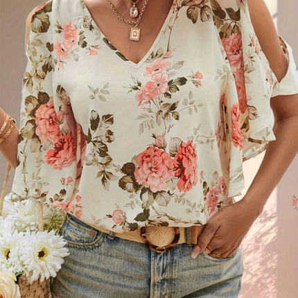 Flutter Sleeve Blouse Floral Print Cut Out V-neck Blouse For Spring & Summer, Women's Clothing