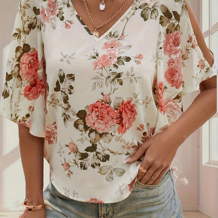 Flutter Sleeve Blouse Floral Print Cut Out V-neck Blouse For Spring & Summer, Women's Clothing