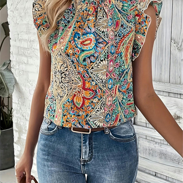 Print Ruffle Trim Blouse, Vintage Loose Blouse For Spring & Summer, Women's Clothing