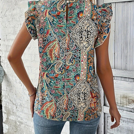 Print Ruffle Trim Blouse, Vintage Loose Blouse For Spring & Summer, Women's Clothing