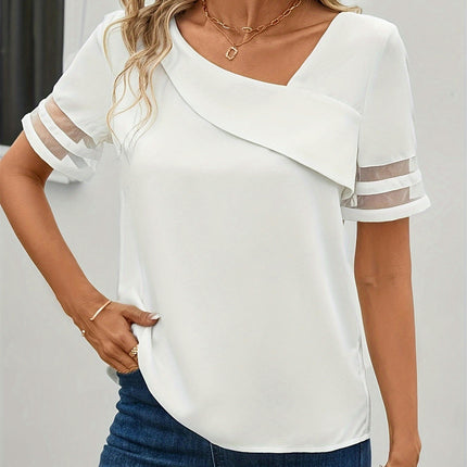 Summer Casual Solid Color Women's Top - Polyester Woven Shirt with Slant Shoulder Neckline