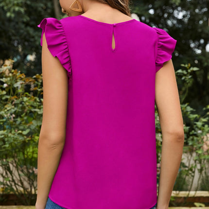 Solid Color Keyhole Back Blouse, Elegant Crew Neck Flutter Sleeve Blouse, Women's Clothing