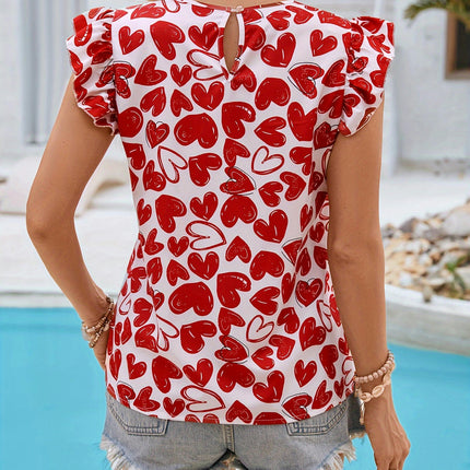 Heart Print Crew Neck Ruffle Sleeve Blouse - Women's Spring & Summer Vacation Casual Top