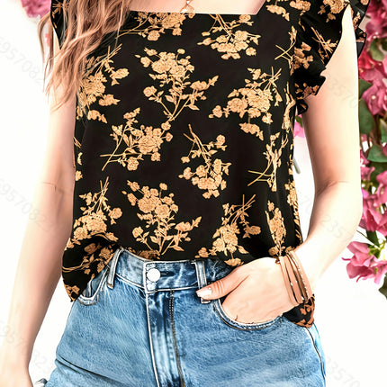 Floral Square Neck Blouse - Women's Breathable Ruffle Sleeve Vacation Top for Spring & Summer