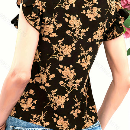 Floral Square Neck Blouse - Women's Breathable Ruffle Sleeve Vacation Top for Spring & Summer