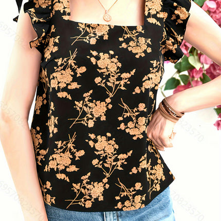 Floral Square Neck Blouse - Women's Breathable Ruffle Sleeve Vacation Top for Spring & Summer