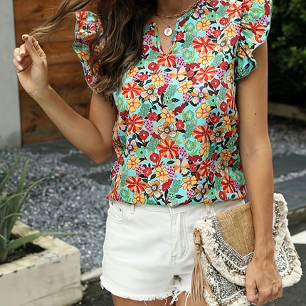 Floral Print Notched Neck Blouse-Women's Spring & Summer Clothing for Everyday Wear