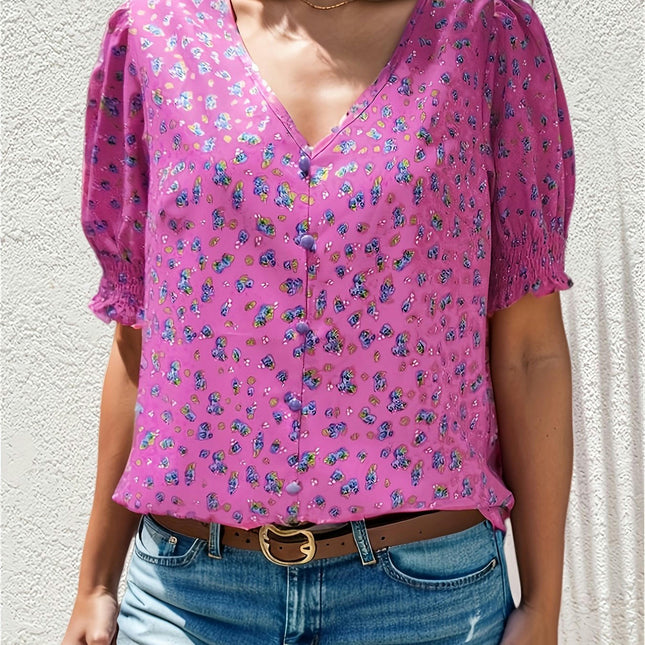 Women's Floral Print V-Neck Short Sleeve Blouse - Polyester Woven Vacation Style Shirt for Adults