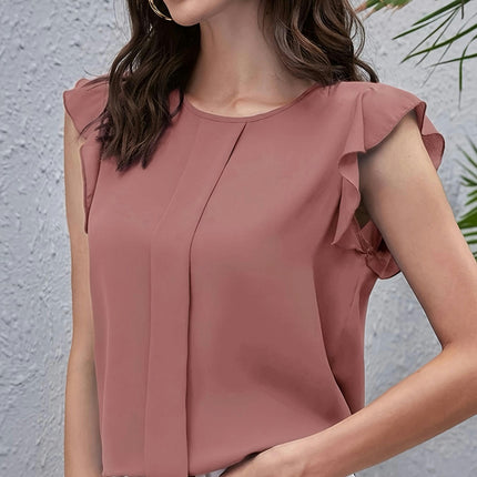 Solid Crew Neck Blouse, Elegant Ruffle Sleeve Top For Spring & Summer, Women's Clothing