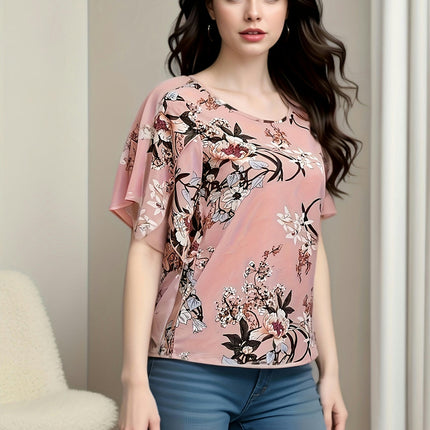 Floral Print Blouse-Comfortable Crew Neck Petal Sleeves - Perfect Spring & Summer Top for Women