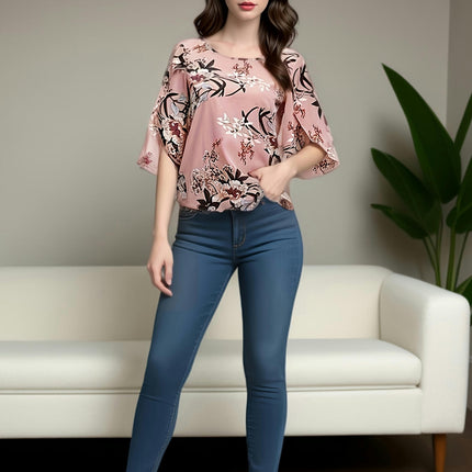 Floral Print Blouse-Comfortable Crew Neck Petal Sleeves - Perfect Spring & Summer Top for Women