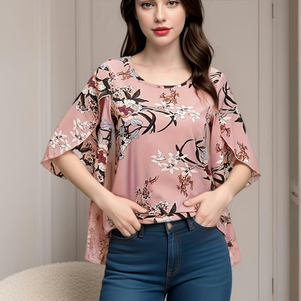 Floral Print Blouse-Comfortable Crew Neck Petal Sleeves - Perfect Spring & Summer Top for Women