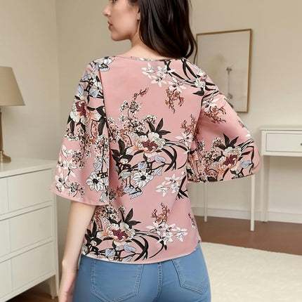 Floral Print Blouse-Comfortable Crew Neck Petal Sleeves - Perfect Spring & Summer Top for Women