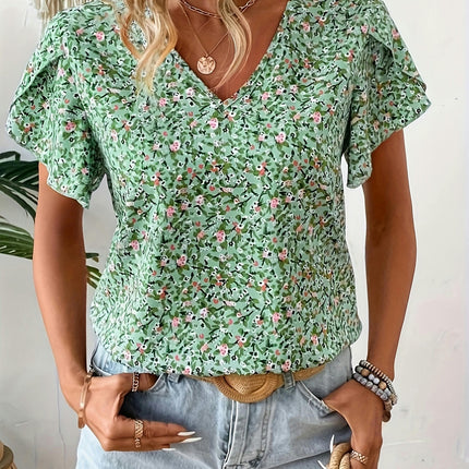 Floral Print V-neck Blouse,Petal Sleeve Blouse Top For Spring & Summer, Women's Clothing