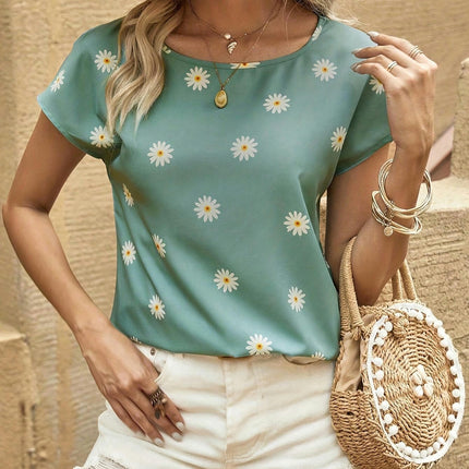 Vibrant Floral Print Blouse-Soft Crew Neck,Short Sleeve -for Spring & Summer, Womens Casual Top