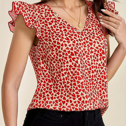 Chic Heart Print V-neck Blouse with Ruffle Trim -Comfort Fit Top for Spring to Fall