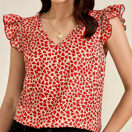 Chic Heart Print V-neck Blouse with Ruffle Trim -Comfort Fit Top for Spring to Fall