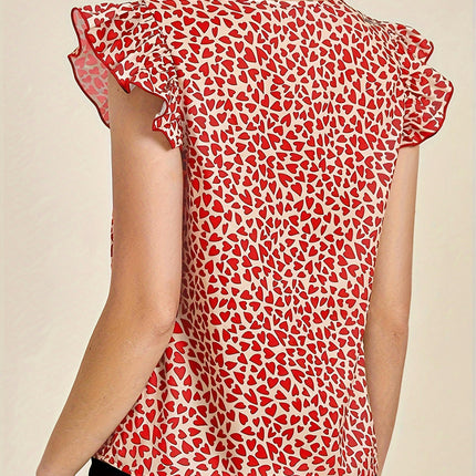 Chic Heart Print V-neck Blouse with Ruffle Trim -Comfort Fit Top for Spring to Fall