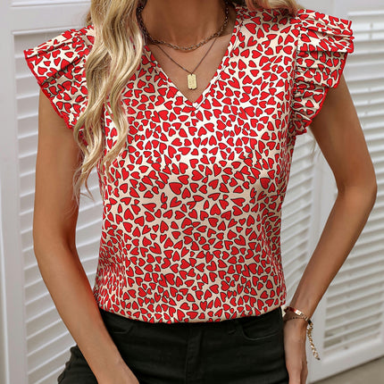 Chic Heart Print V-neck Blouse with Ruffle Trim -Comfort Fit Top for Spring to Fall