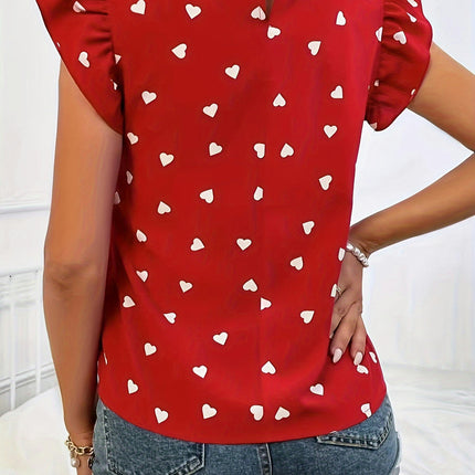 Heart Print Blouse-Women's Ruffle Sleeve Tops for Spring & Summer - Mock Neck Clothing for Ladies