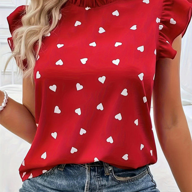 Heart Print Blouse-Women's Ruffle Sleeve Tops for Spring & Summer - Mock Neck Clothing for Ladies