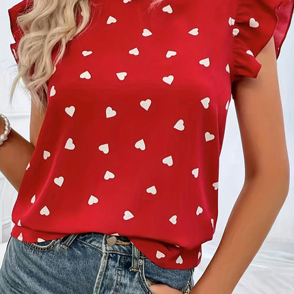 Heart Print Blouse-Women's Ruffle Sleeve Tops for Spring & Summer - Mock Neck Clothing for Ladies