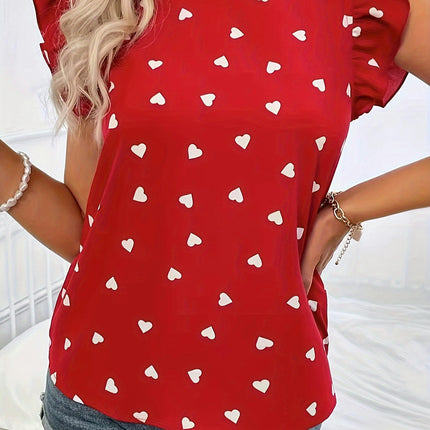 Heart Print Blouse-Women's Ruffle Sleeve Tops for Spring & Summer - Mock Neck Clothing for Ladies