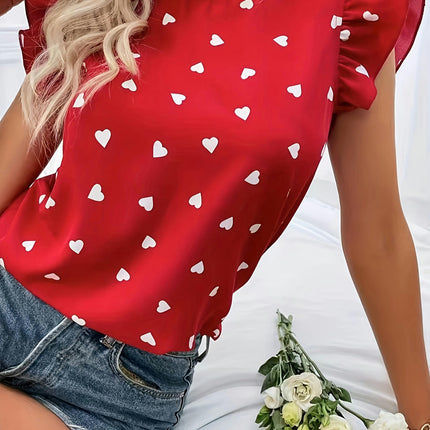 Heart Print Blouse-Women's Ruffle Sleeve Tops for Spring & Summer - Mock Neck Clothing for Ladies