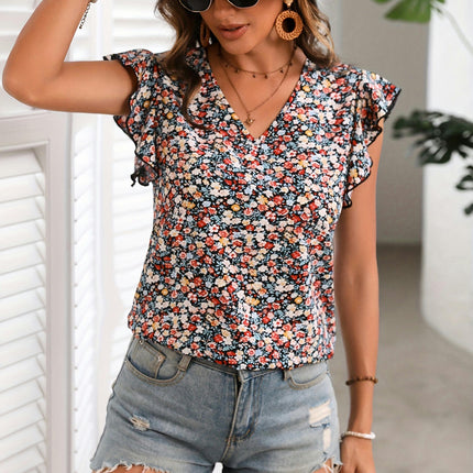 Vibrant Floral Print V-Neck Blouse for Ladies Relaxed Fit, Spring & Summer-Womens Clothing