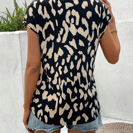 Leopard Print V-neck Blouse,Batwing Short Sleeve Blouse For Summer & Spring, Women's Clothing