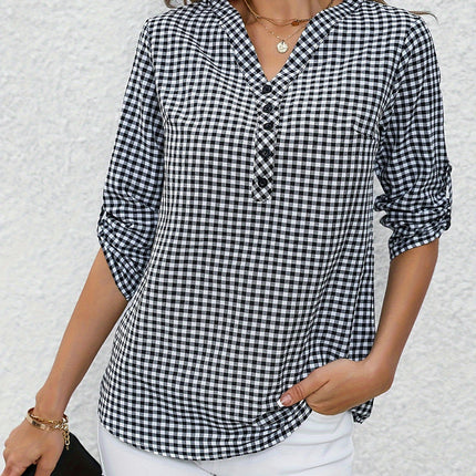 Plaid Print Button Notched Neck Blouse, Casual Rolled Sleeve Blouse For Spring, Women's Clothing