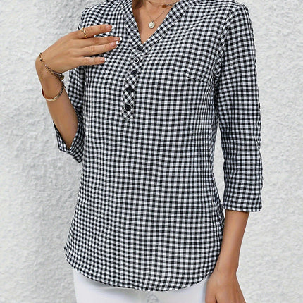 Plaid Print Button Notched Neck Blouse, Casual Rolled Sleeve Blouse For Spring, Women's Clothing