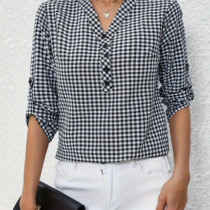 Plaid Print Button Notched Neck Blouse, Casual Rolled Sleeve Blouse For Spring, Women's Clothing