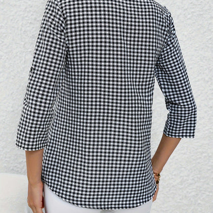 Plaid Print Button Notched Neck Blouse, Casual Rolled Sleeve Blouse For Spring, Women's Clothing